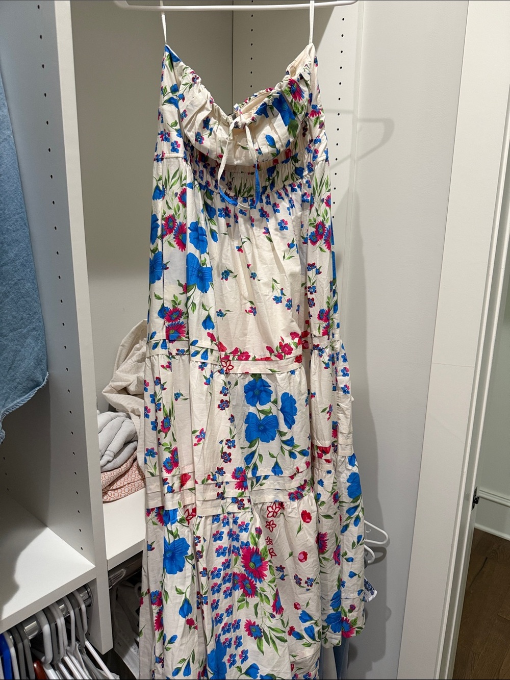 Anthropologie Cream Maxi Dress with Blue & Pink Floral Print